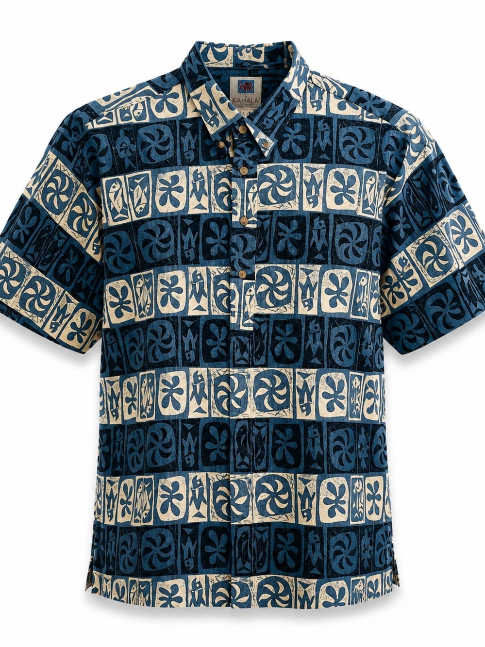 Kahala Men's Blue & Cream Short-Sleeve Button-Down Hawaiian Shirt